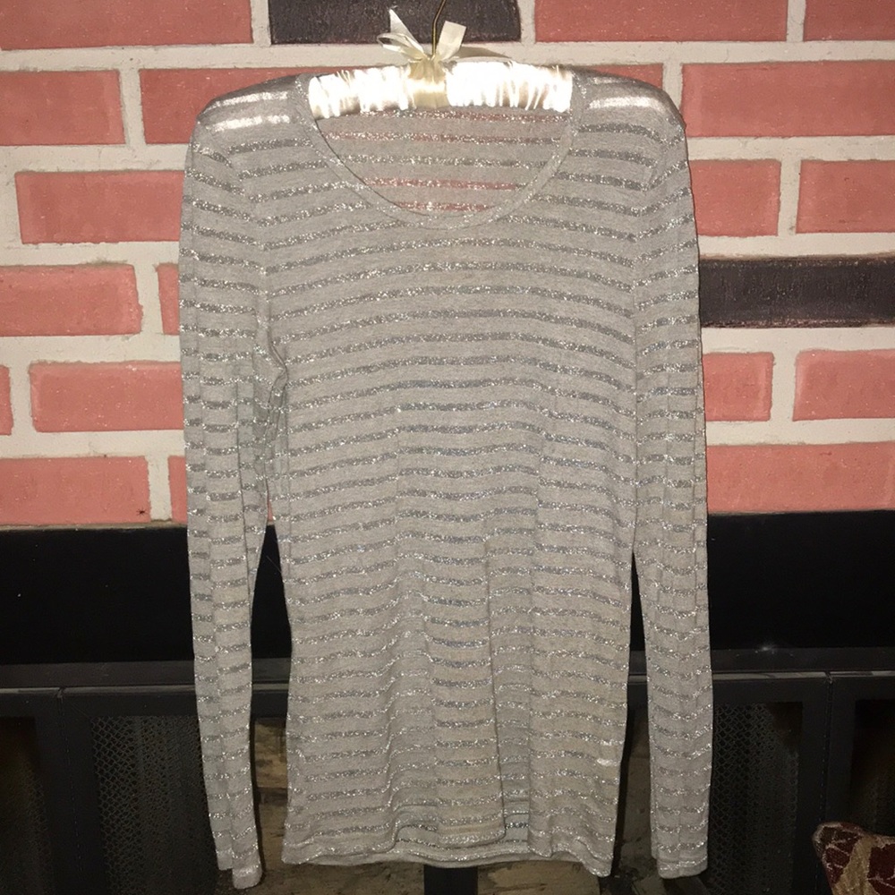 BKE taupe and silver sparkle stripped shirt